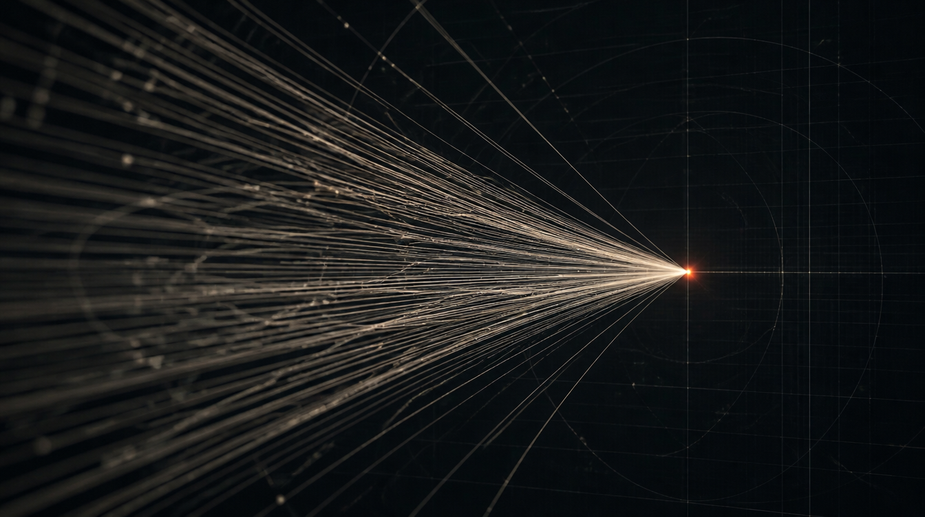 Abstract visualization of fine light trajectories converging toward a single point