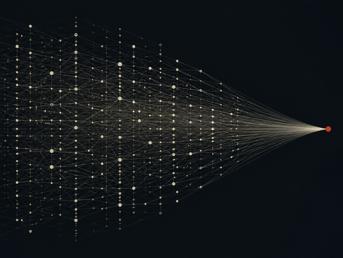Abstract neural lattice converging to a single decisive node, the precision technology of today