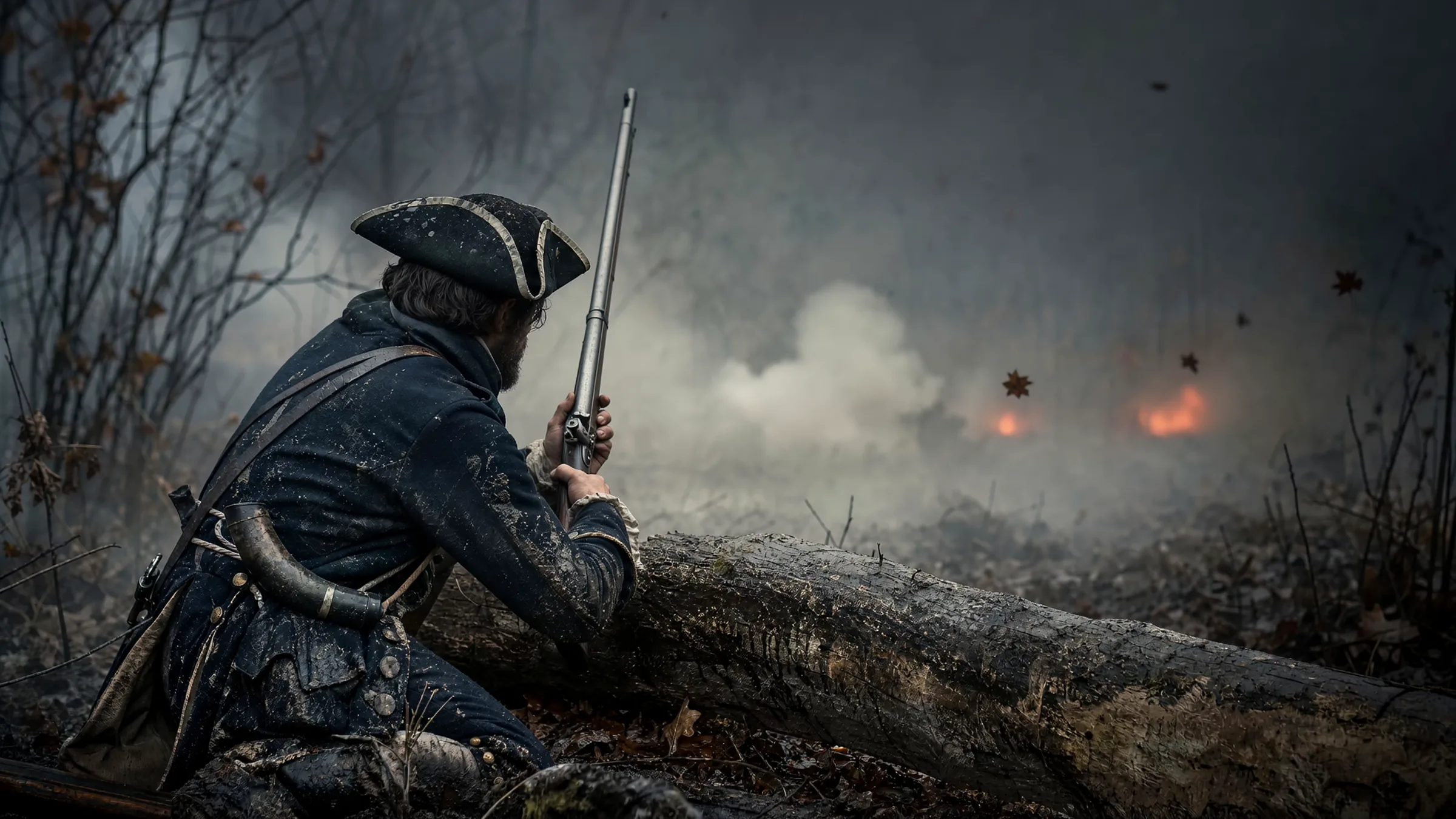 A Continental rifleman in a mud-spattered regimental coat holding his firing position behind a fallen log, aiming into rolling gunpowder smoke at the Battle of Saratoga